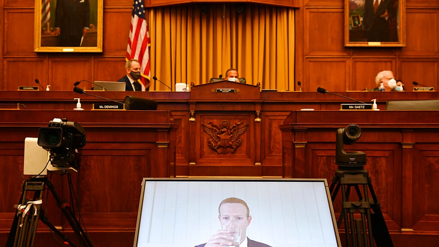 El fundador de la red social Facebook, Mark Zuckerberg, durante su comparecencia telemática