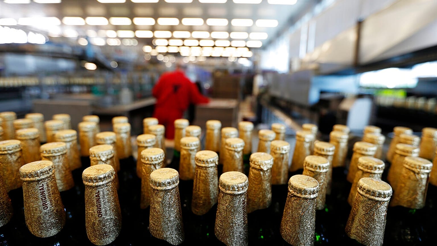 A beer production line at the Budejovicky Budvar brewery in Ceske Budejovice, Czech Republic.