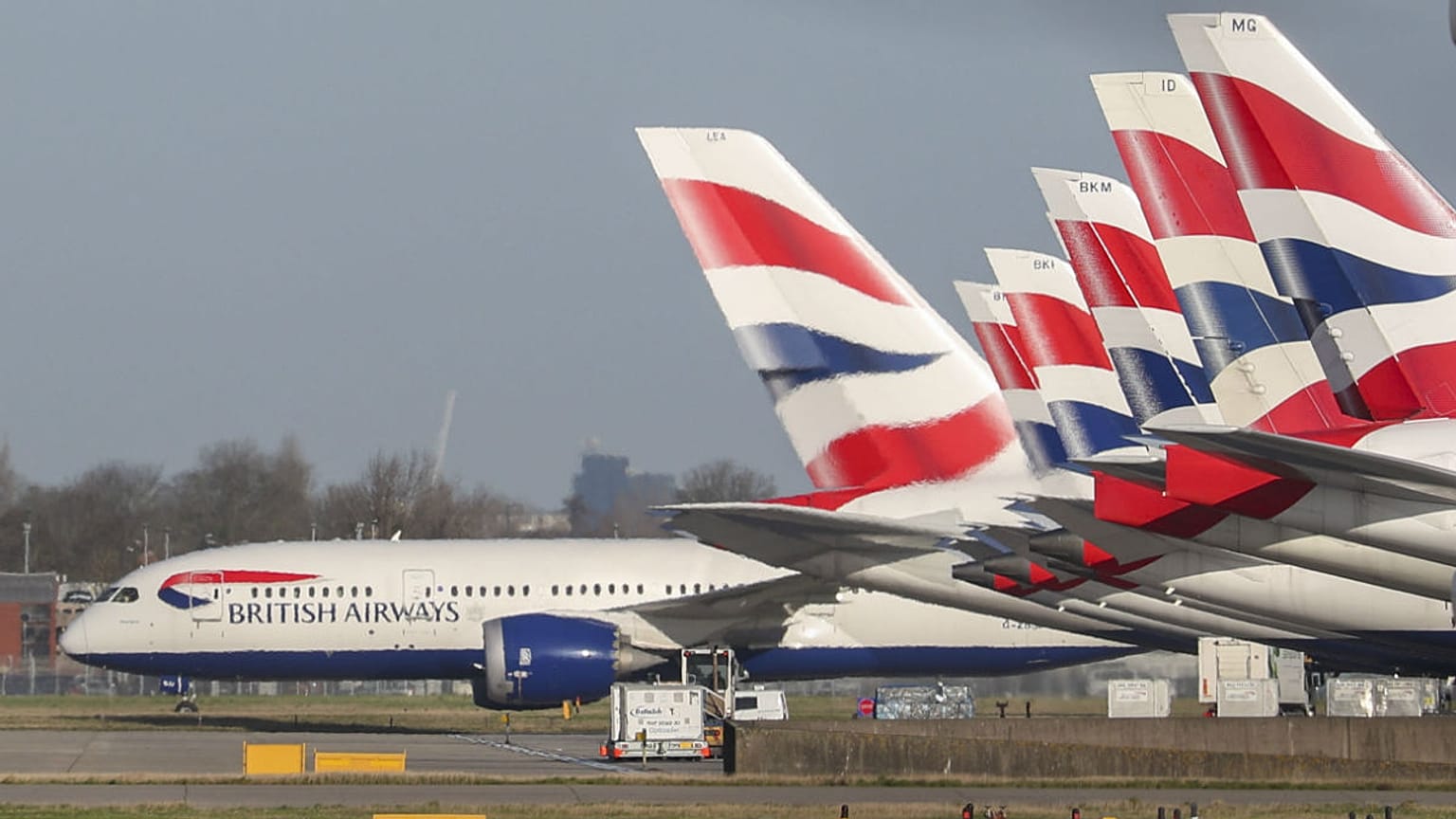 A view of British Airways planes parked at London's Heathrow Airport