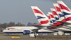 A view of British Airways planes parked at London's Heathrow Airport