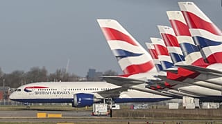 A view of British Airways planes parked at London's Heathrow Airport