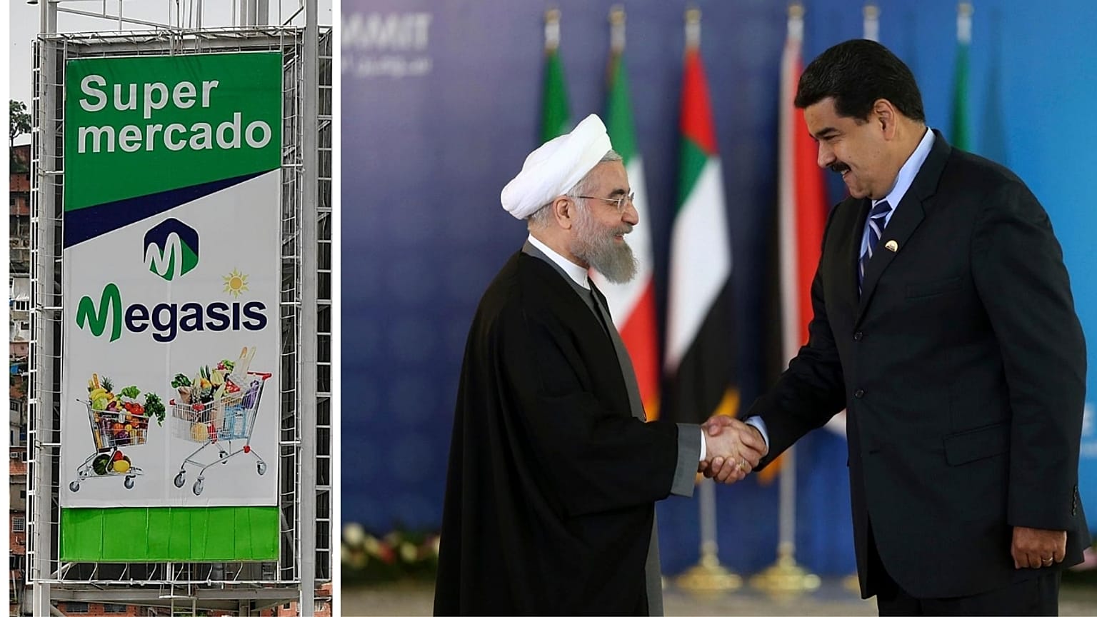À gauche, une affiche du supermarché iranien Megasis à Caracas. À droite, Hassan Rohani et Nicolas Maduro, à Téhéran, le 23 novembre 2015 (archives)