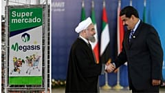 À gauche, une affiche du supermarché iranien Megasis à Caracas. À droite, Hassan Rohani et Nicolas Maduro, à Téhéran, le 23 novembre 2015 (archives)