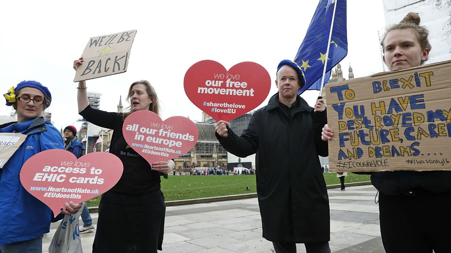 Anti-Brexit demonstrators carry placards and the European Union flag