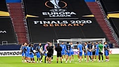 Getafe's team stands on the pitch during the training session prior the Europa League