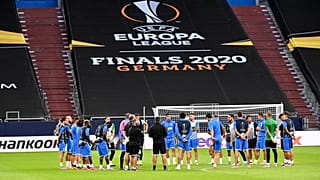 Getafe's team stands on the pitch during the training session prior the Europa League