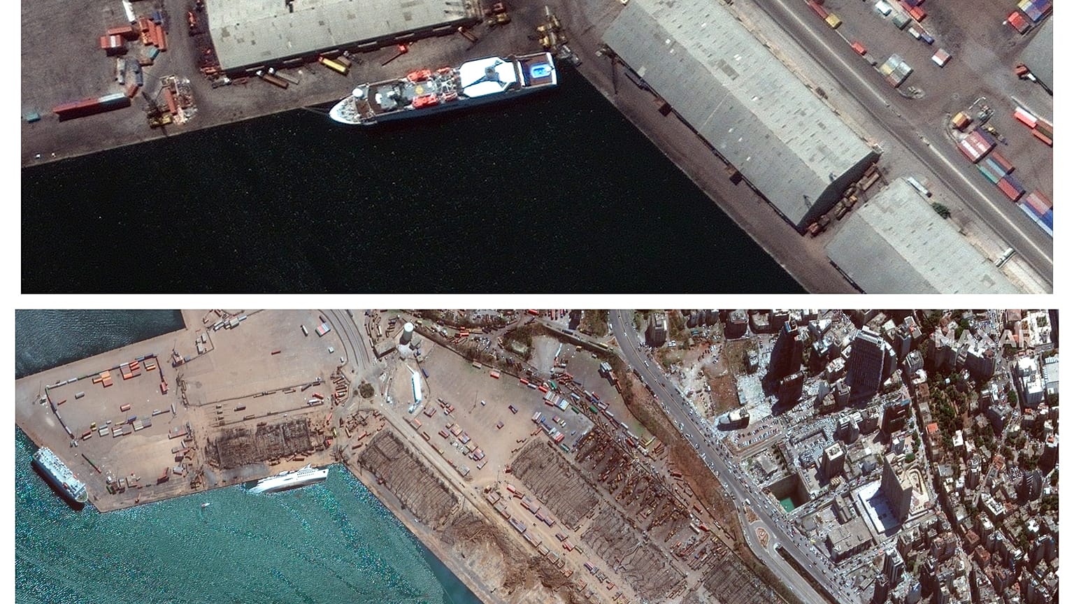 Top photo taken , on July 31, 2020, and the same area on Wednesday, Aug. 5, 2020,