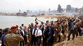 French President Emmanuel Macron visits the devastated site of the explosion at the port of Beirut.