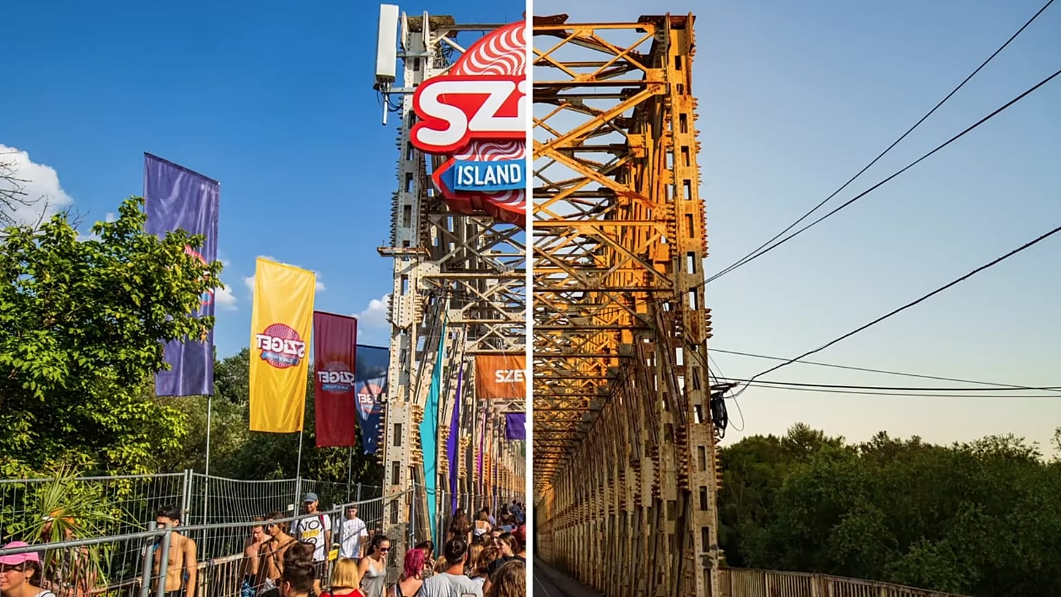A Sziget bejárata, a híres K-híd a fesztivál ideje alatt és a napokban