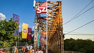 A Sziget bejárata, a híres K-híd a fesztivál ideje alatt és a napokban