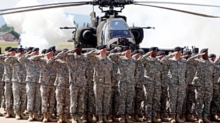 Soldiers attend the colour casing ceremony of the First Armored Division at the US Army Airfield in Wiesbaden, Germany
