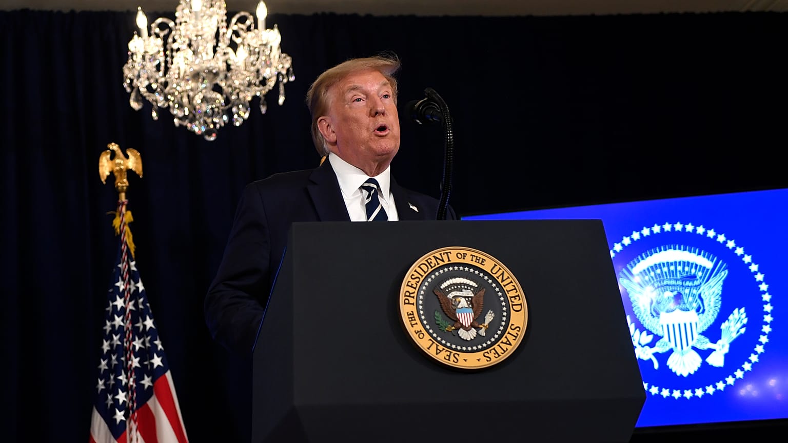 President Donald Trump speaks at Trump National Golf Club Bedminster in Bedminster, N.J., Friday, Aug. 7, 2020. 