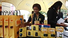 Staff of MTN work during the launch of mobile number portability in Lagos, Nigeria