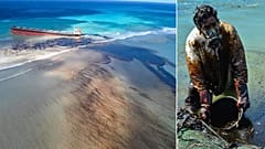 Oil leaks from the MV Wakashio, a bulk carrier ship that ran aground off the southeast coast of Mauritius