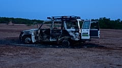 This August 9, 2020 image shows the wreckage of the car where six French aid workers, their local guide and the driver were killed by unidentified gunmen in Niger.