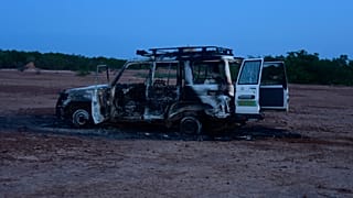 This August 9, 2020 image shows the wreckage of the car where six French aid workers, their local guide and the driver were killed by unidentified gunmen in Niger.