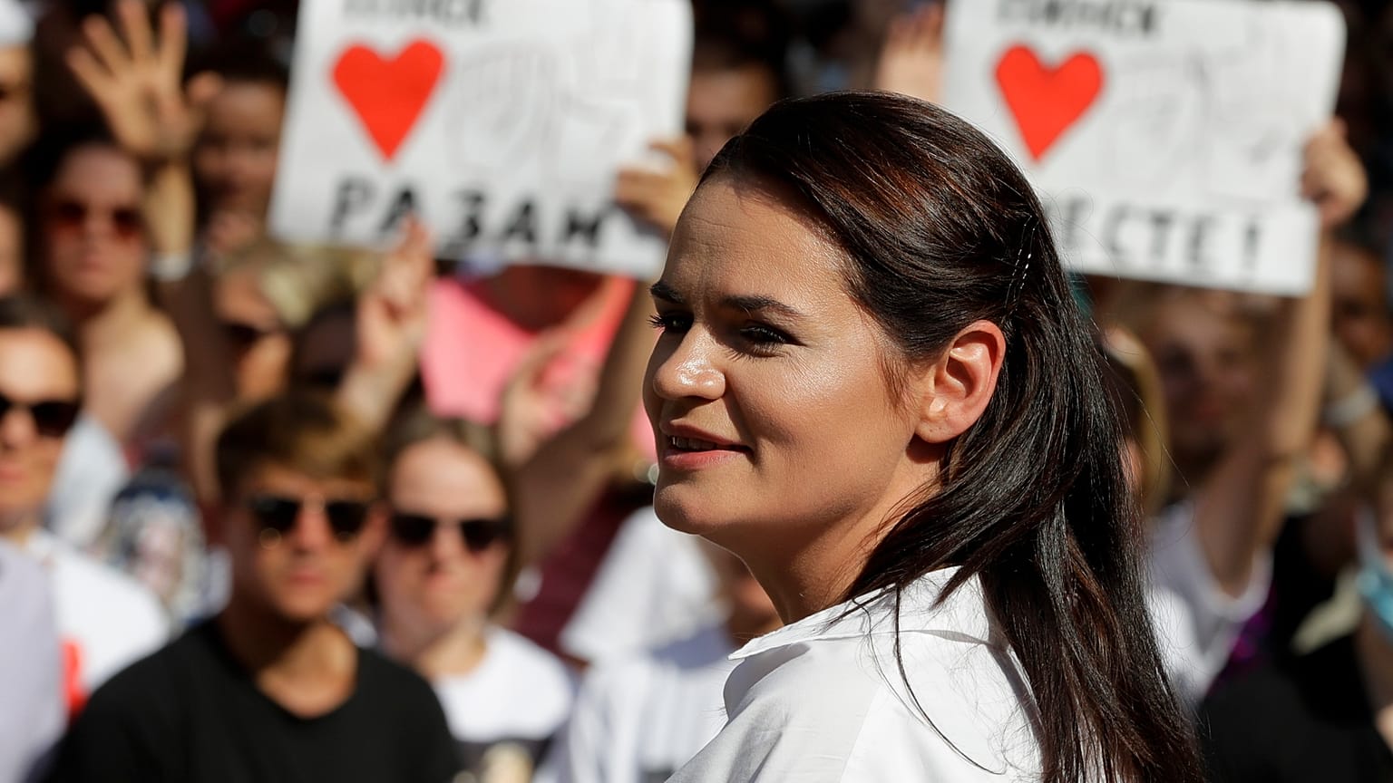 Tyihanovszkaja ellenzéki jelölt egy választási gyűlésen 2020. augusztus 2-án