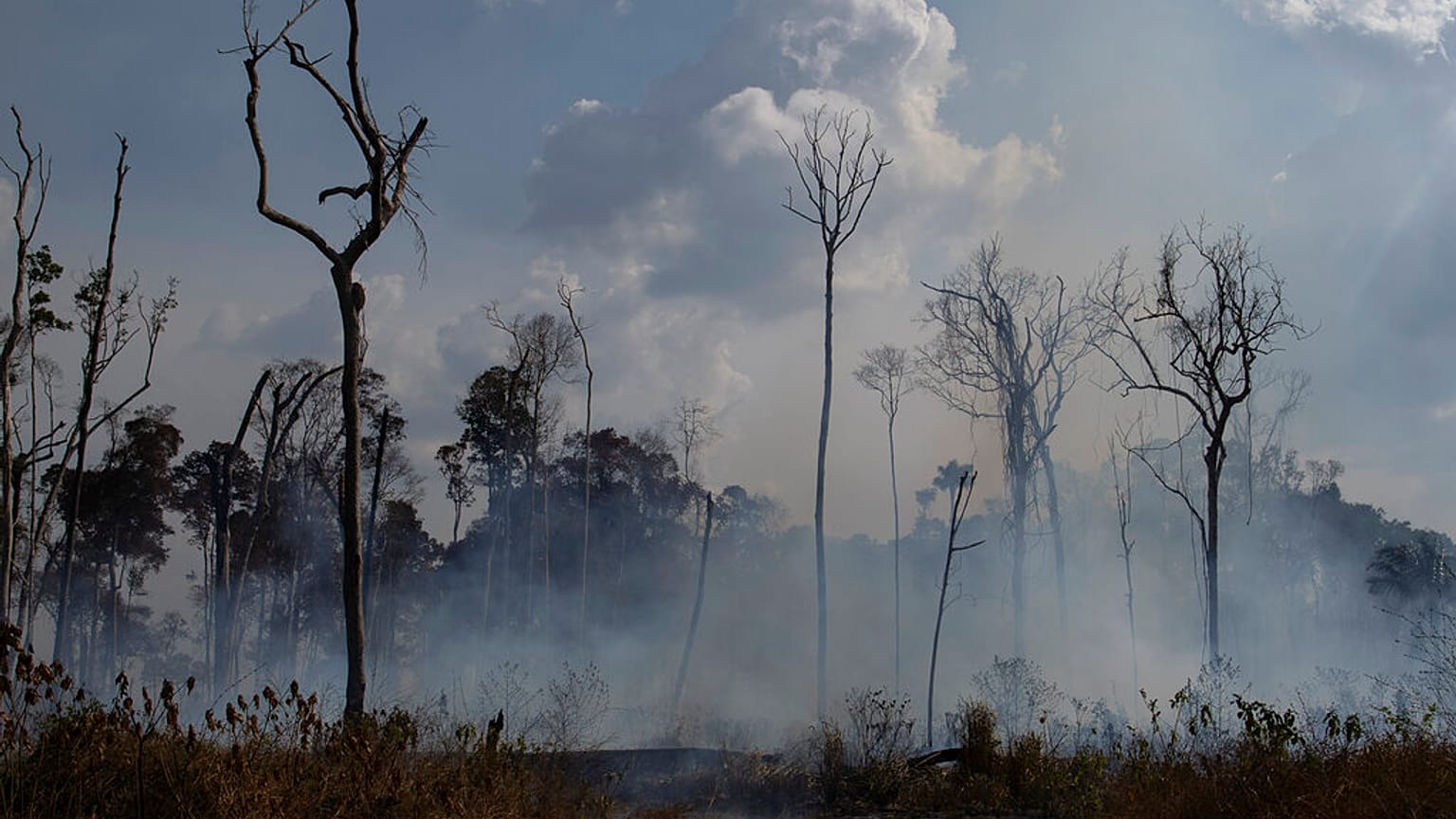 FILE: an area smolders in the Alvorada da Amazonia region in Novo Progresso, Para state, Brazil, Aug. 25, 2019.