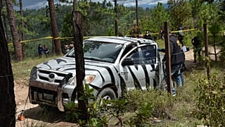Pick-up de l'humanitaire français, Benoit Maria, où ce dernier a été tué par balles, dans la région de San Antonio Ilotenango au Guatemala, le 10 août 2020