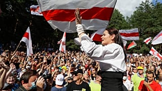 La candidata opositora Svetlana Tsikhanouskaya durante un mit´ín