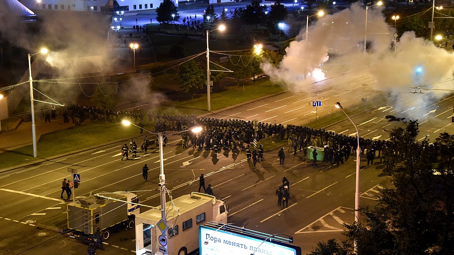 Police block a square during a mass protest following the presidential election in Minsk, Belarus