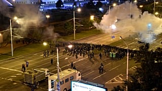 Police block a square during a mass protest following the presidential election in Minsk, Belarus