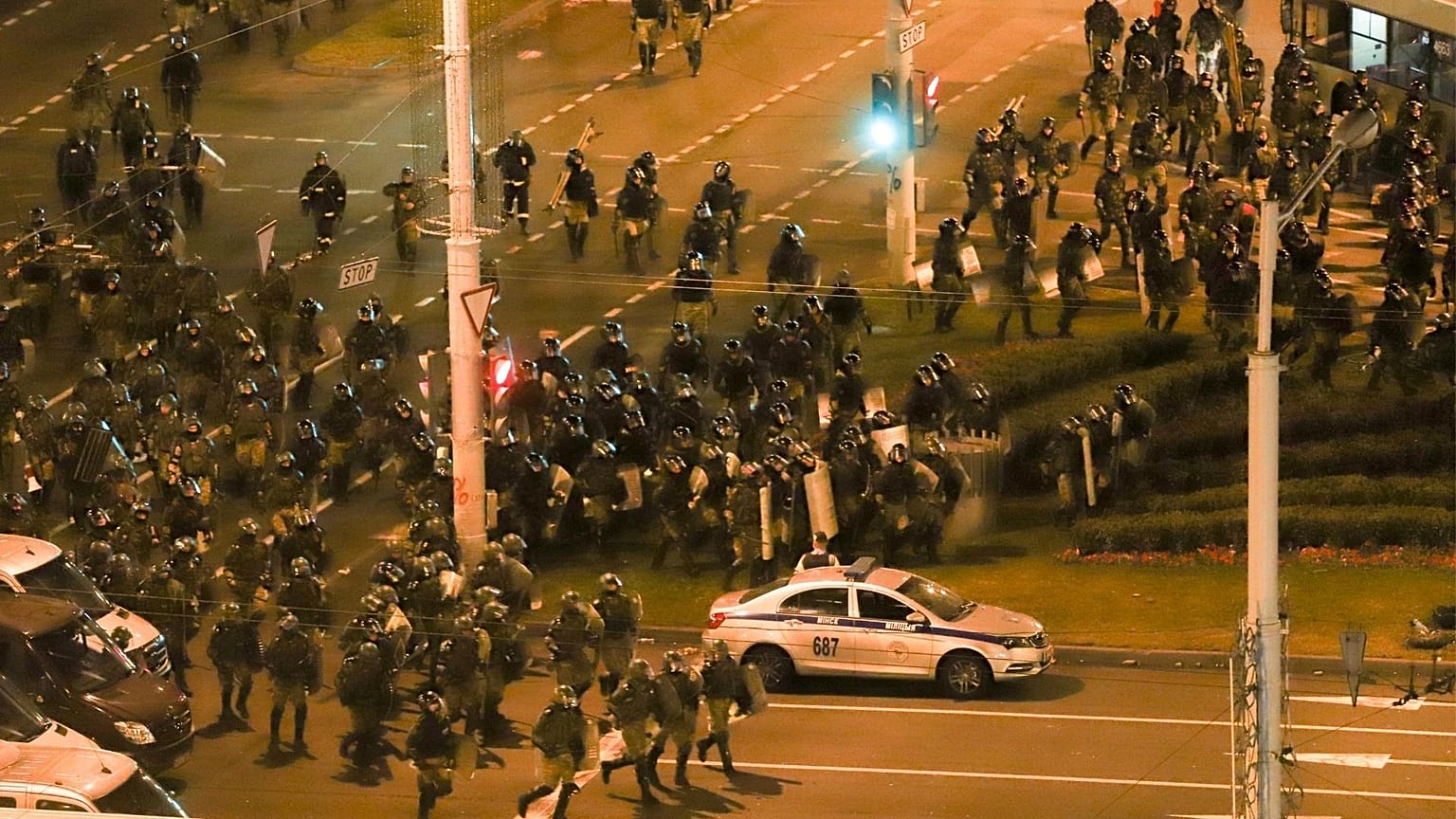 Police move to block demonstrators during a mass rally following the presidential election in Minsk, Belarus,
