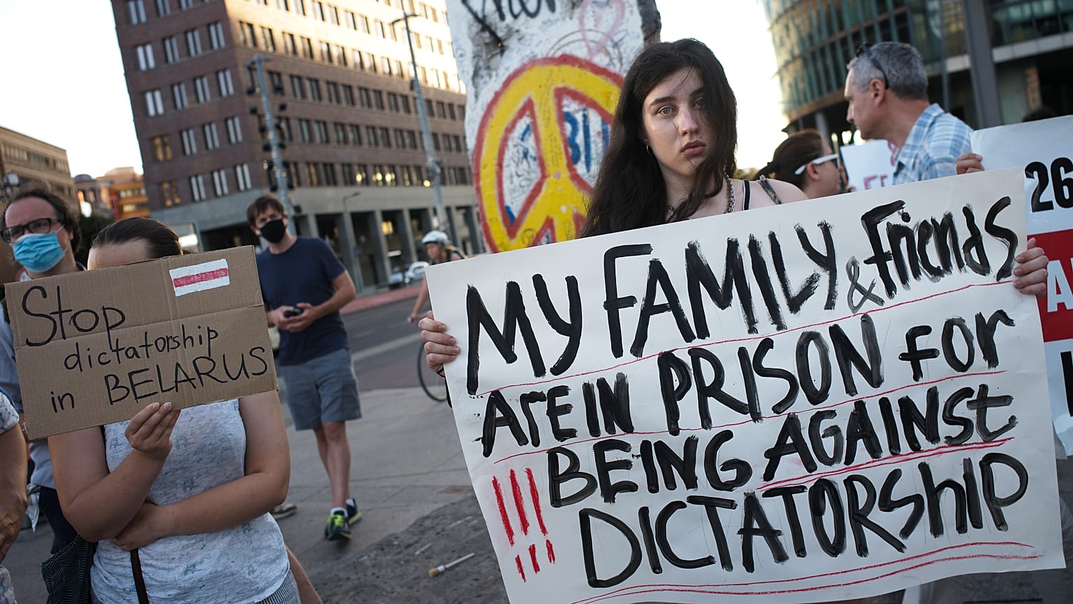 People from Belarus protest in Berlin, Germany, against the official results of Belarusian presidential vote. August 12, 2020