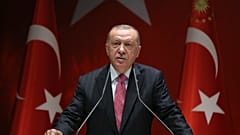 الرئيس التركي رجب طيب أردوغان يلقي أمام أعضاء في حزب العدالة والتنمية الحاكم، 13 آب/أغسطس 2020.