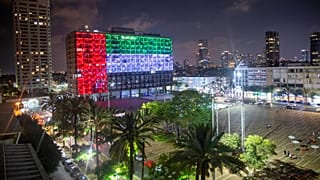 Tel Aviv City Hall is lit up with the flags of the United Arab Emirates after Prime Minister Benjamin Netanyahu announced the "full and official peace" on TV