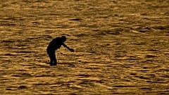 A fisherman standing in the ocean adjusts his nets at sunset on the shoreline of Djibouti city, Djibouti
