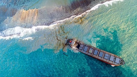 An aerial view taken on August 15, 2020 shows the vessel MV Wakashio.