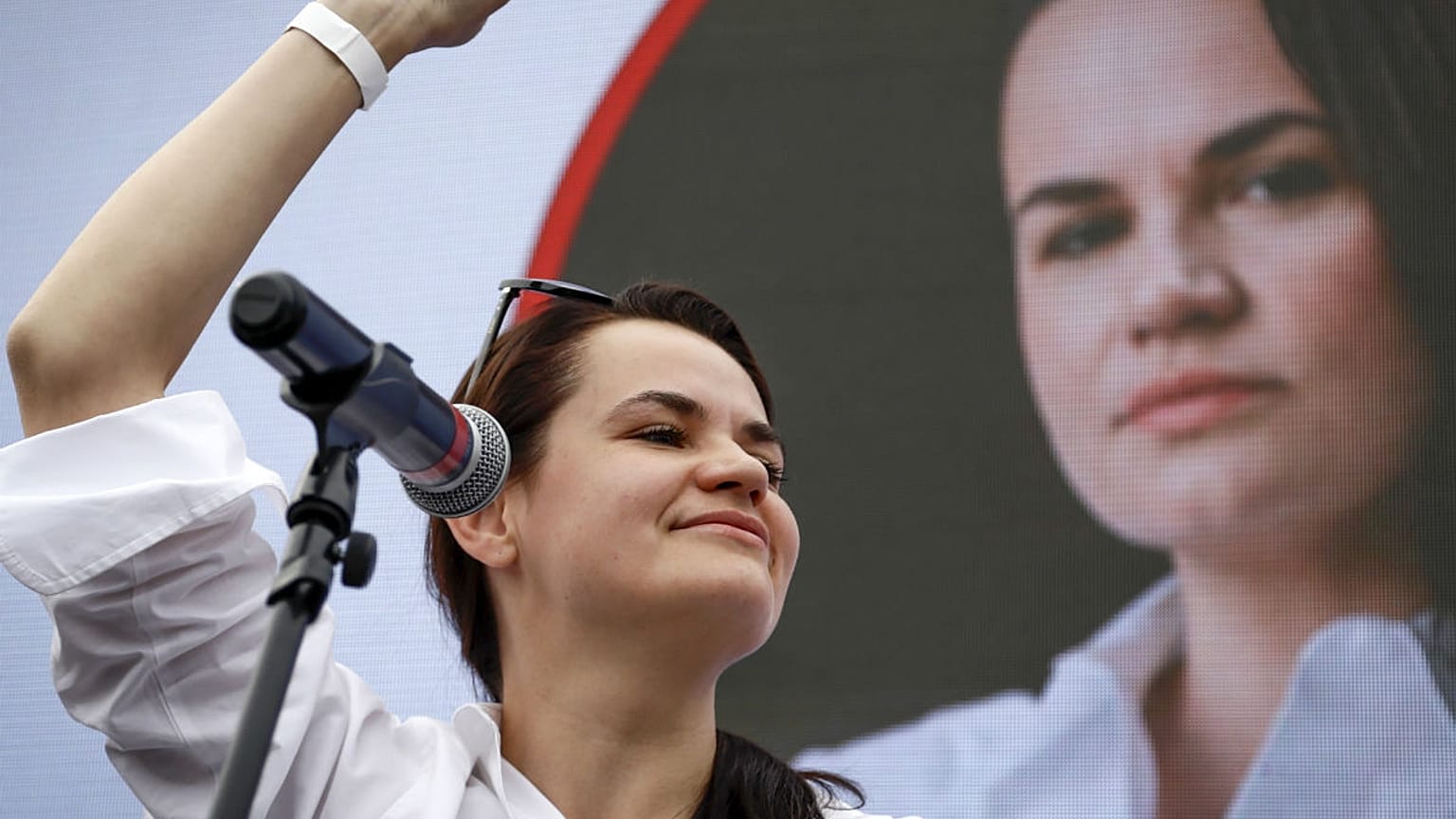 Sunday, July 19, 2020, file photo, Sviatlana Tsikhanouskaya, candidate for the presidential elections, reacts during a meeting with her supporters in Minsk, Belarus.