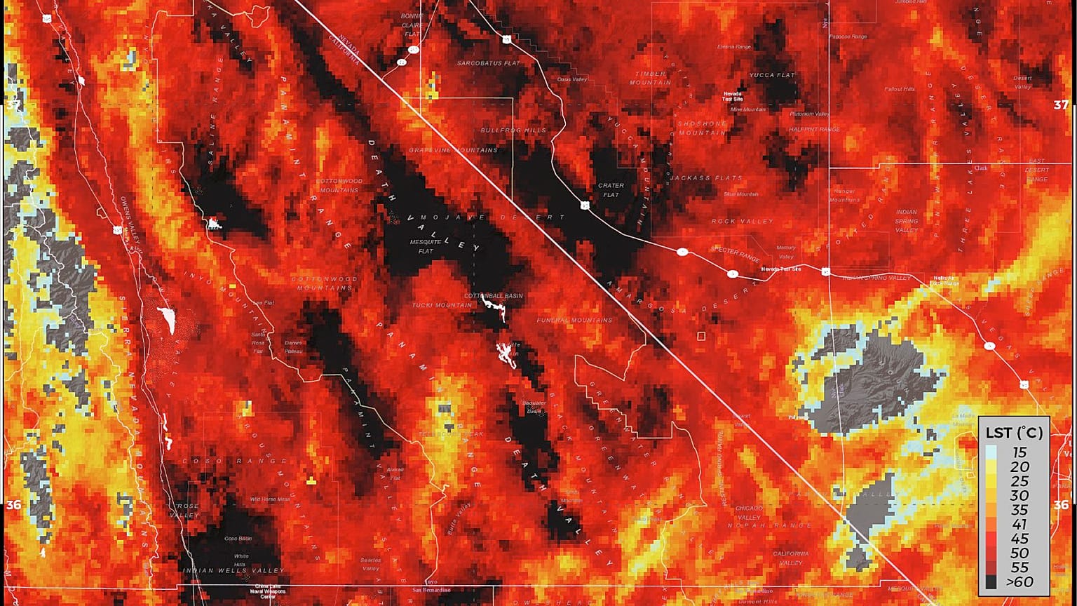 Temperatura de superficie terrestre en el Valle de la Muerte este domingo