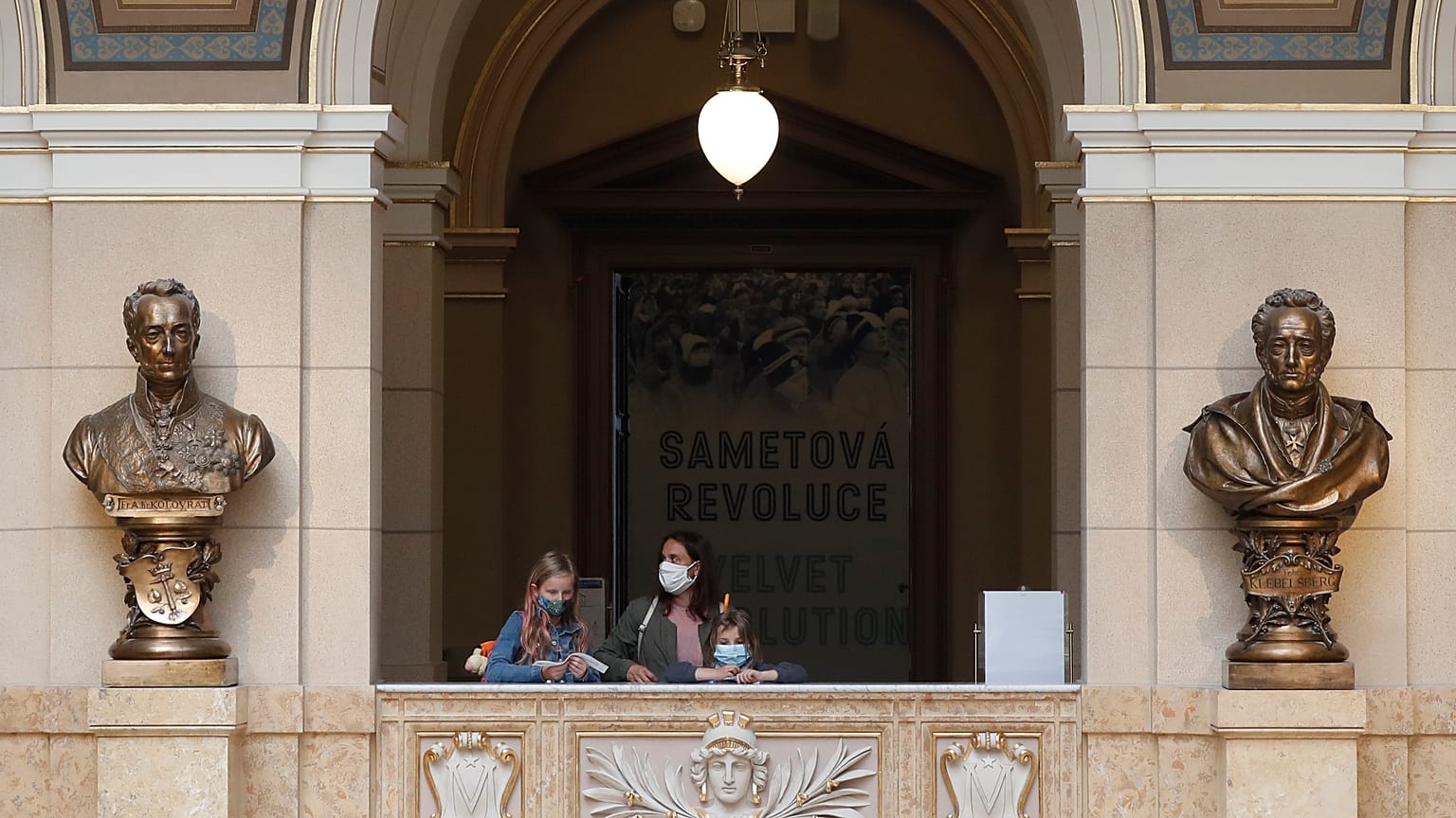FILE: visitors wearing face masks at the National Museum in Prague, Czech Republic, May 28, 2020.