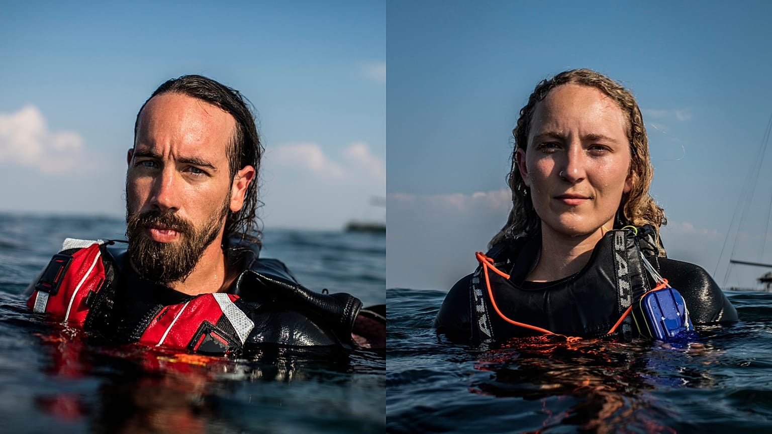 Danish activist Ida Marie and German activist Fabian swimming with Rainbow Warrior in the background.