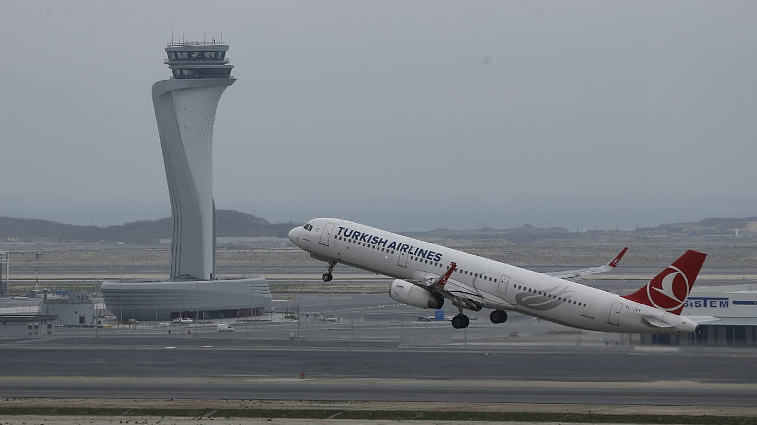 A Turkish Airlines plane takes off from Istanbul Airport in Istanbul