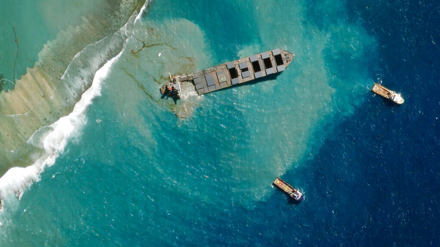 The MV Wakashio off the southeast coast of Mauritius on Aug. 17, 2020