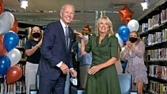 In this image from video, Democratic presidential candidate former Vice President Joe Biden, his wife Jill Biden, celebrate after the roll call vote at the DNC. 