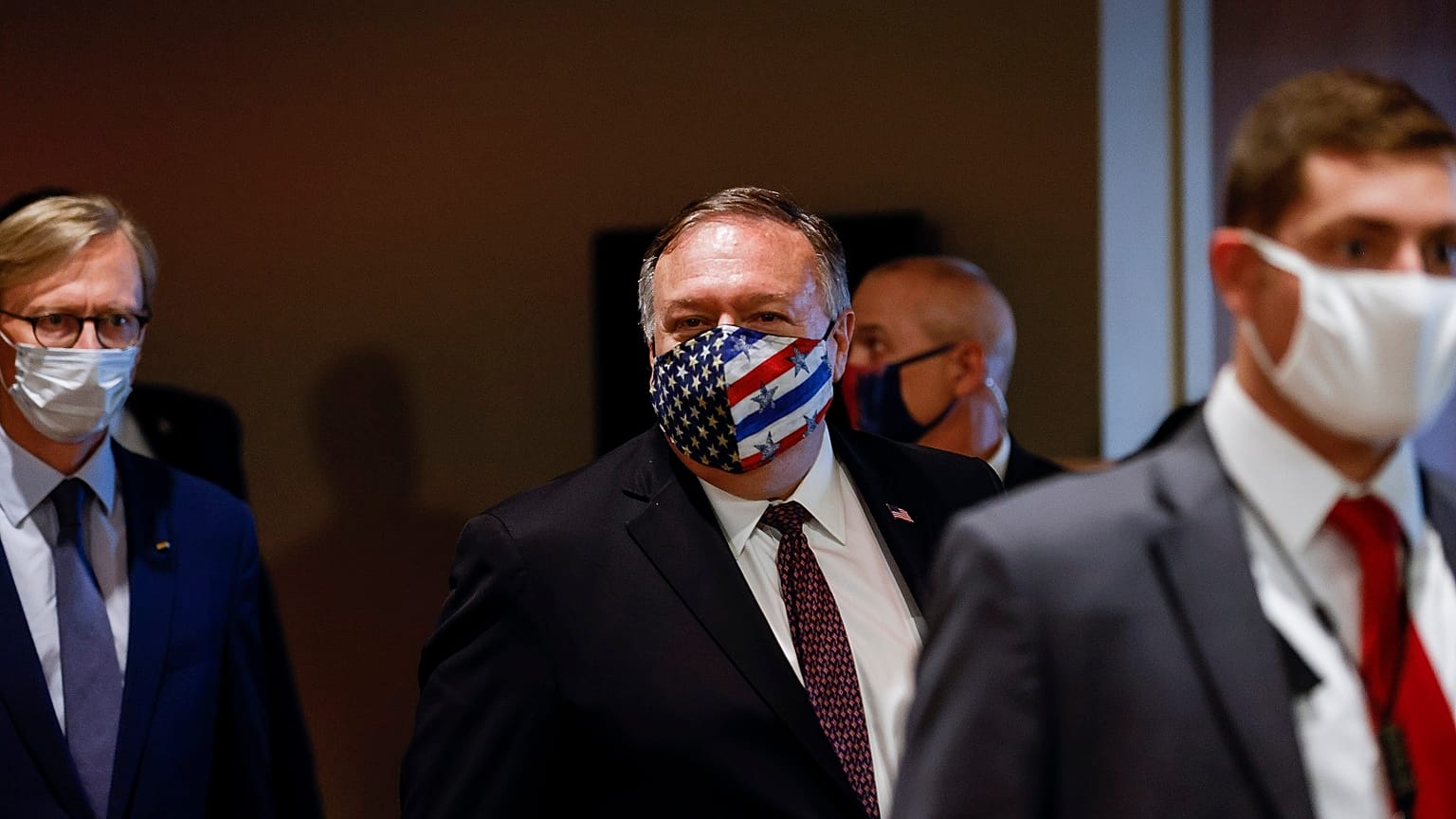 Secretary of State Mike Pompeo departs a meeting with members of the UN Security Council about Iran.
