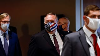 Secretary of State Mike Pompeo departs a meeting with members of the UN Security Council about Iran.