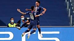 PSG's Marquinhos, right, celebrates with Neymar after scoring the opening goal during the Champions League semifinal VS Leipzig on August 18, 2020