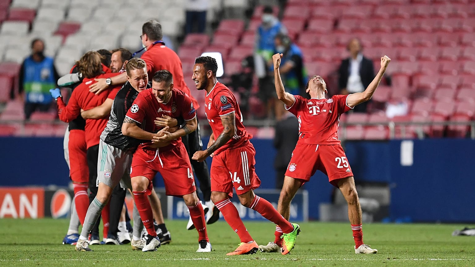 Bayern's Thomas Mueller, right, celebrates after winning the Champions League final soccer match between Paris Saint-Germain and Bayern Munich.