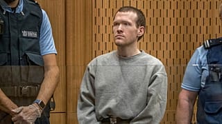 Brenton Harrison Tarrant stands in the dock at the Christchurch High Court for sentencing after pleading guilty.