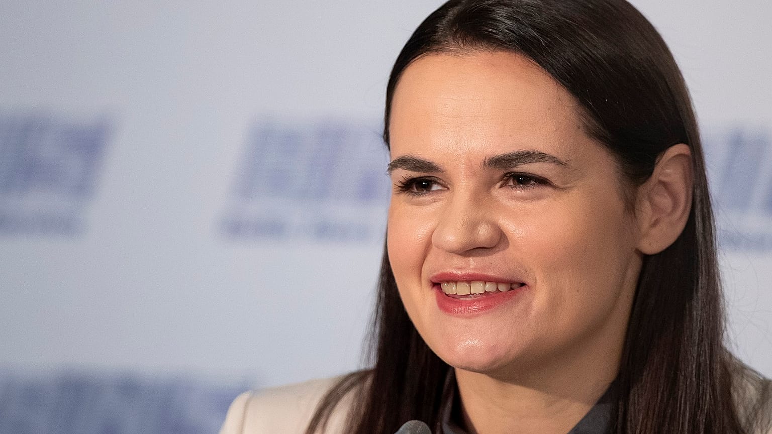 Sviatlana Tsikhanouskaya, former candidate for the Belarus' presidential elections speaks during a news conference in Vilnius, Lithuania.