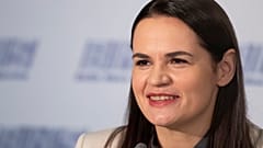 Sviatlana Tsikhanouskaya, former candidate for the Belarus' presidential elections speaks during a news conference in Vilnius, Lithuania.