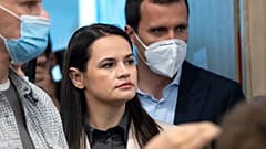 Sviatlana Tsikhanouskaya, former candidate for the Belarus' presidential elections arrives for a news conference in Vilnius, Lithuania.
