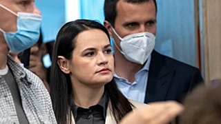 Sviatlana Tsikhanouskaya, former candidate for the Belarus' presidential elections arrives for a news conference in Vilnius, Lithuania.
