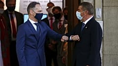 German Foreign Minister Heiko Maas, left, welcomes his Israeli counterpart Gabi Ashkenazi