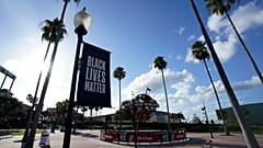 A Black Lives Matter banner outside the arena where NBA games have been postponed